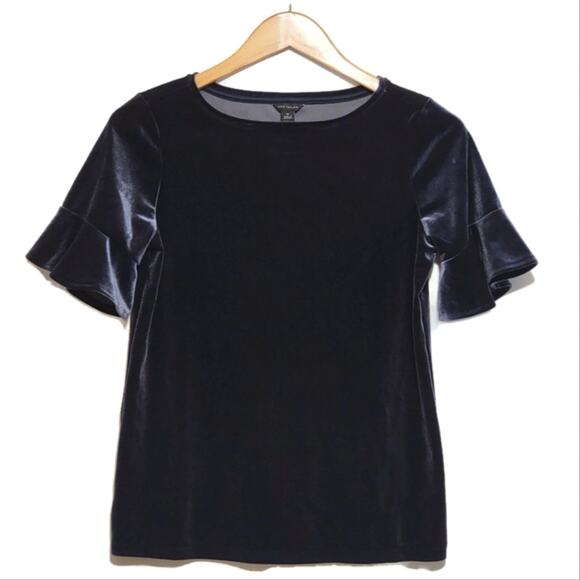 Ann Taylor Velvet Ruffle Sleeve Blue Top Crew Neck Holiday Party Work XS NWT - Picture 2 of 13
